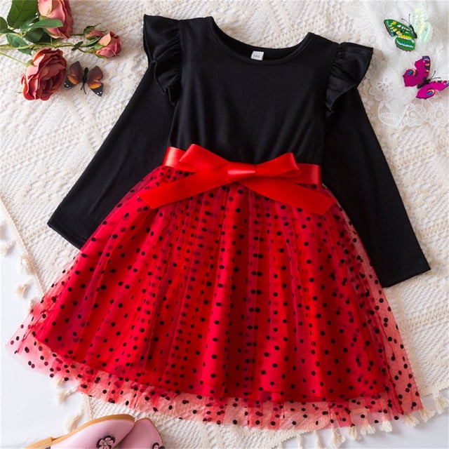 RXIRUCGD Girls' Fall And Spring New Long Sleeve Ruffled Lace Round-Neck Embroidery Mesh Princess Bow Skirt, Red, Size: 6 Years