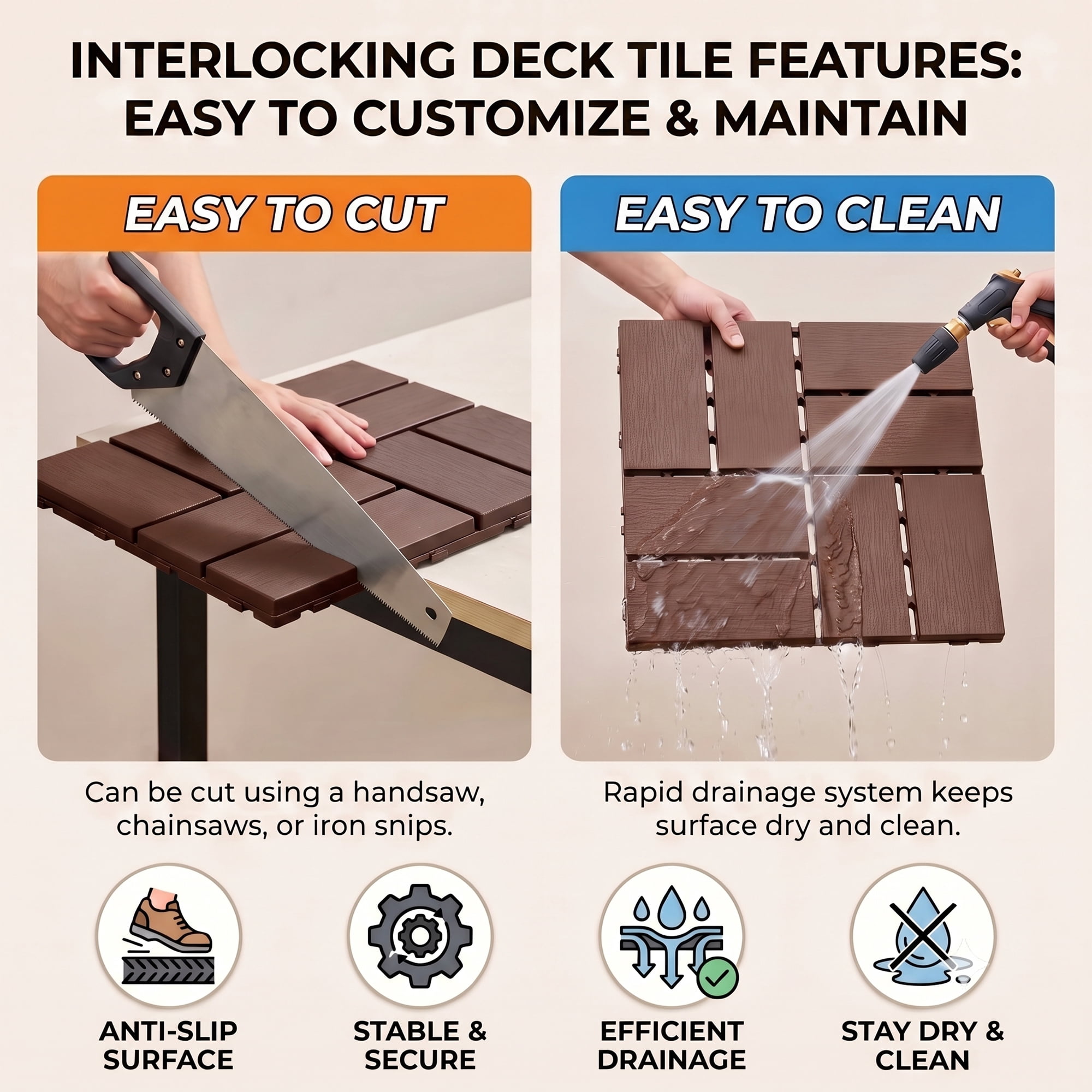 Interlocking Deck Tiles 12x12 in, Waterproof Non-Slip Outdoor Patio Flooring with Drainage Design, Snap Together Tiles for Poolside Porch Garden Backyard, Brown, 44pcs