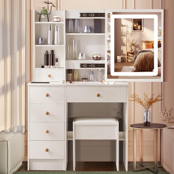 Vanity Desk with Mirror with Lights, Makeup Vanity with LED Ligted Mirror, Vanity Table Set with 5 Drawers and Stool, Shelves, Vanity Makeup Table with Mirror for Bedroom, White