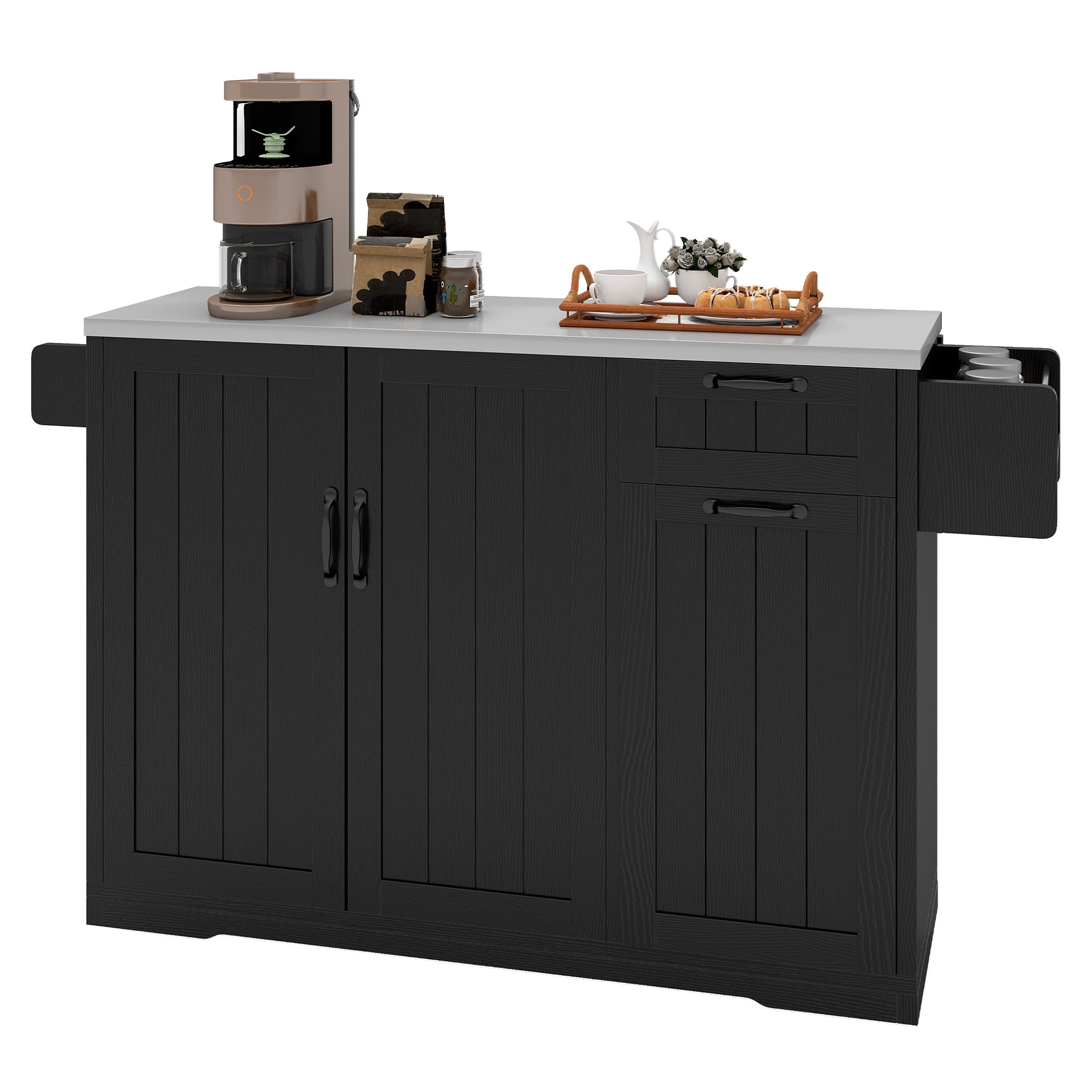 Uforic Kitchen Island Table with Stainless Steel top & Storage, Kitchen Island with Drop Leaf, Black