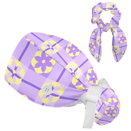 

Working Cap with Buttons and Sweatband Scrub Hat Bouffant Caps with Scrunchie Lattice Tie Back Hats