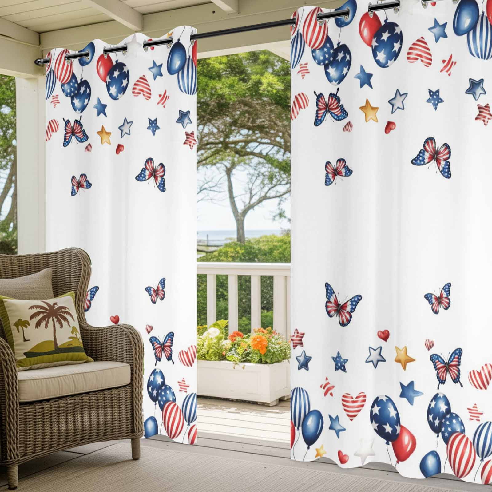 Independence Day Outdoor Curtains for Patio, Butterflies Star Flags Blue Balloons Striped Sunshade Privacy Drapes Grommet Waterproof Outside Curtains for Porch/Cabana/Balcony 54"x 108", 1 Panel