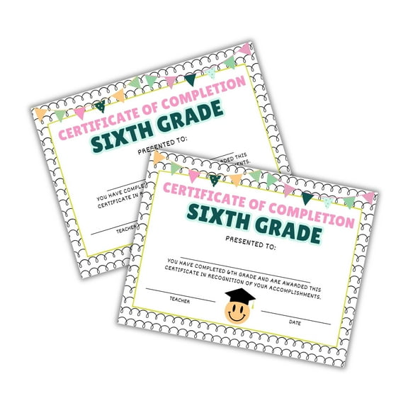 Sixth 6th Grade Certificate of Completion Graduation Diploma 30pk 8.5x11 Smiley Face Daisy 90s Seed Bracelet Checkered Neutral Award Theme Trendy