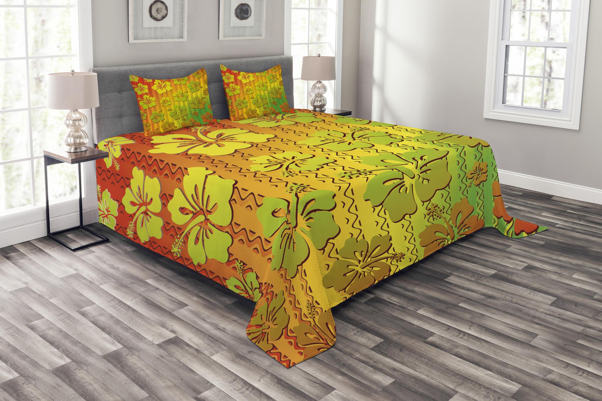 Rasta Bedspread Set Queen Size, Hibiscus Exotic Jamaican Island Flower