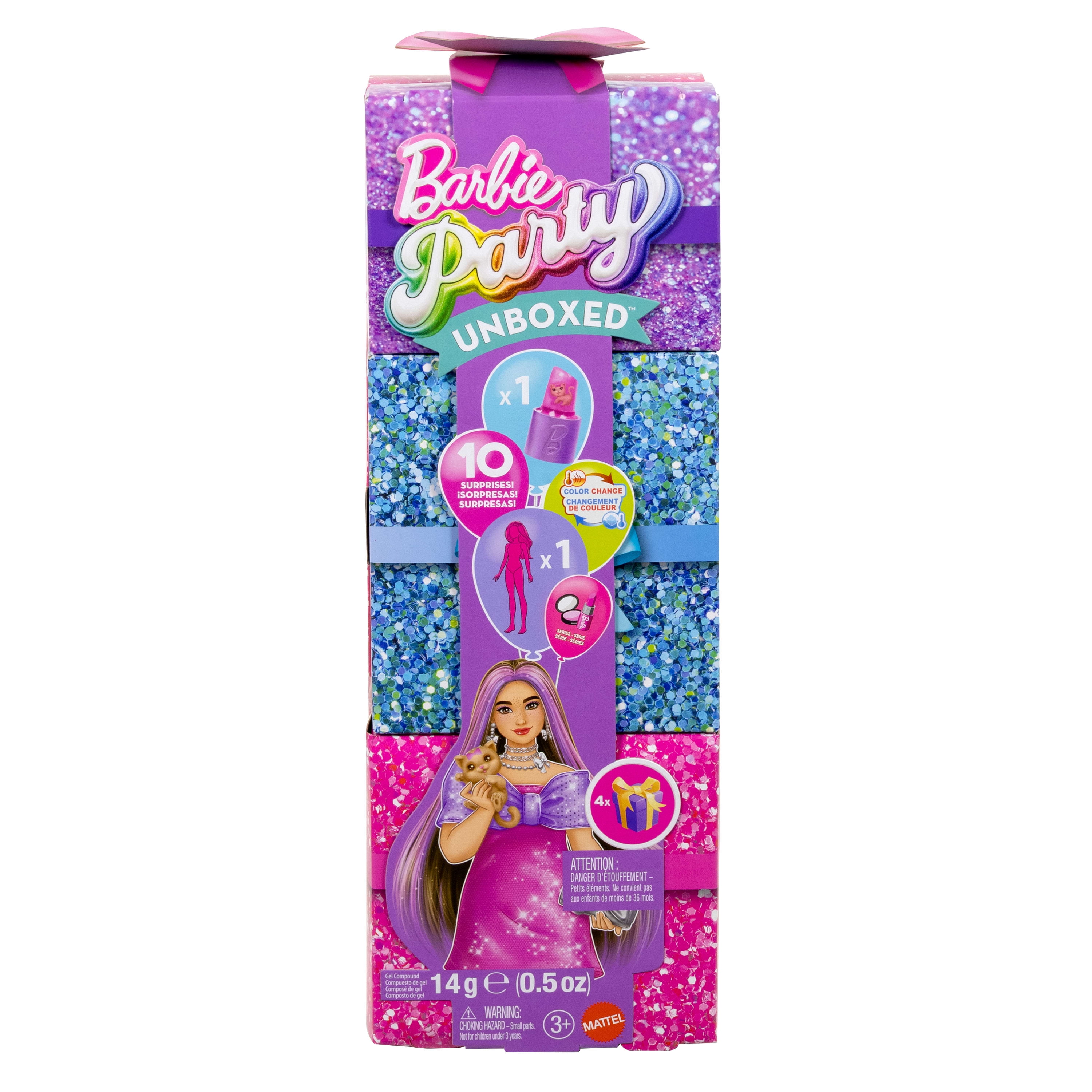 Barbie Party Unboxed Glam Party Series Pink Sparkle Doll & Accessories with 10 Surprises