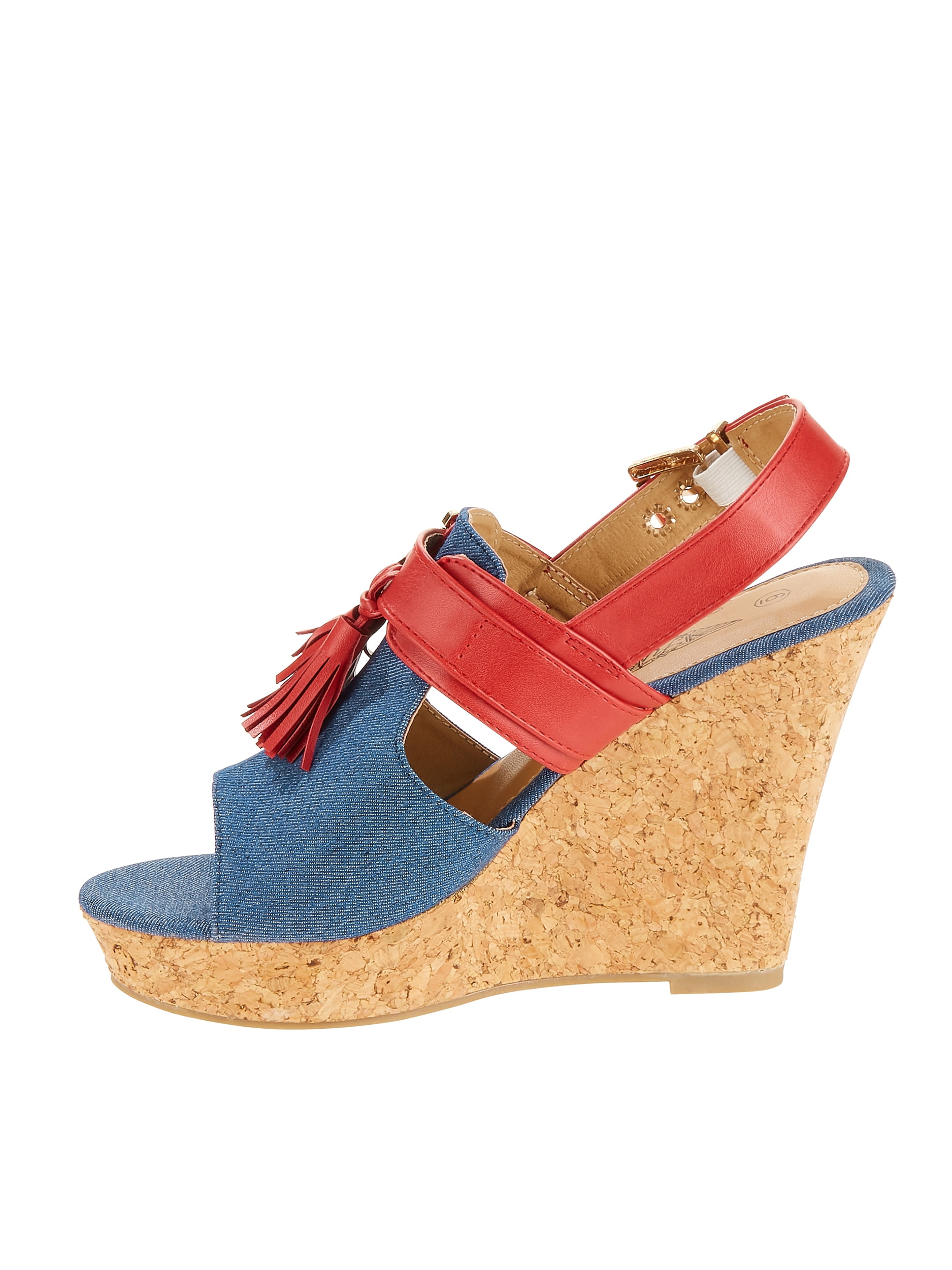Forever Young Women's Denim Embellishment Wedges With Contrast Straps, Buckles and Tassels