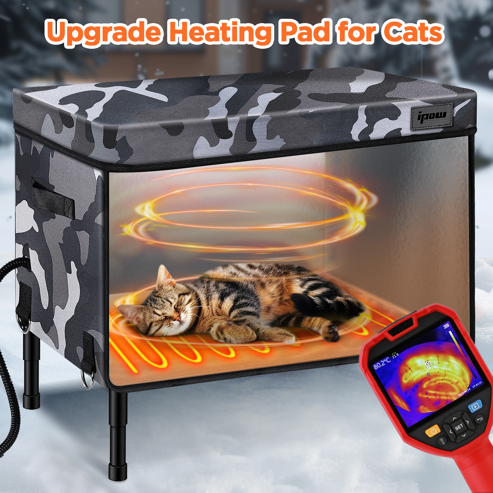 IPOW Heated Cat House for Outdoor Winter, Insulated Waterproof Shelter with Heating Pad, Camouflage Design for Feral Cats & Small Animals