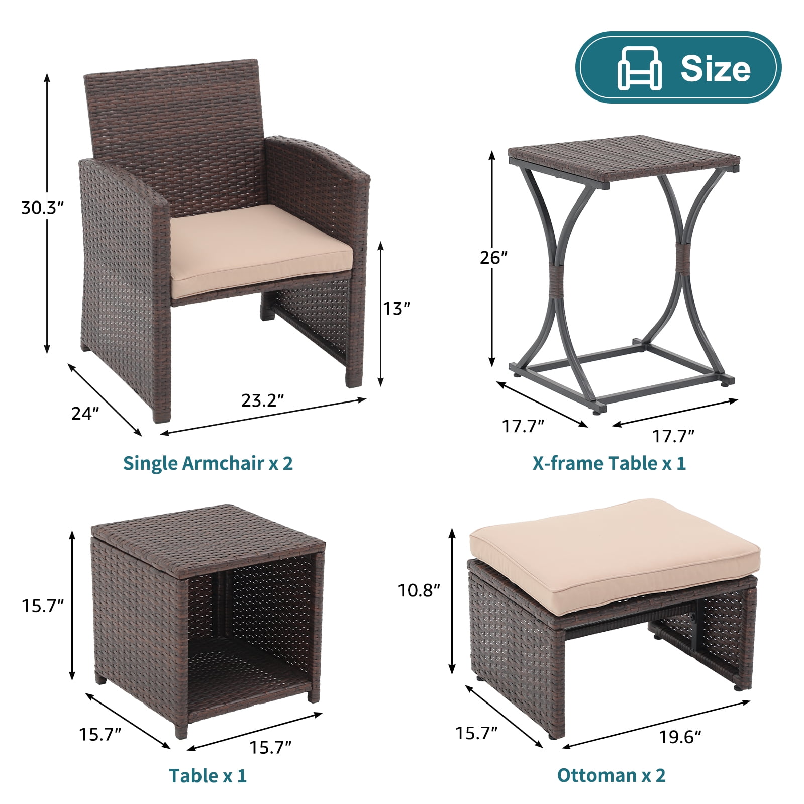 JOIVI 6 Piece Patio Wicker Furniture Set, Rattan Outdoor Chairs, with Beige Cushioned Ottoman, Resin Nesting Table, Modern Design, Beige & Brown