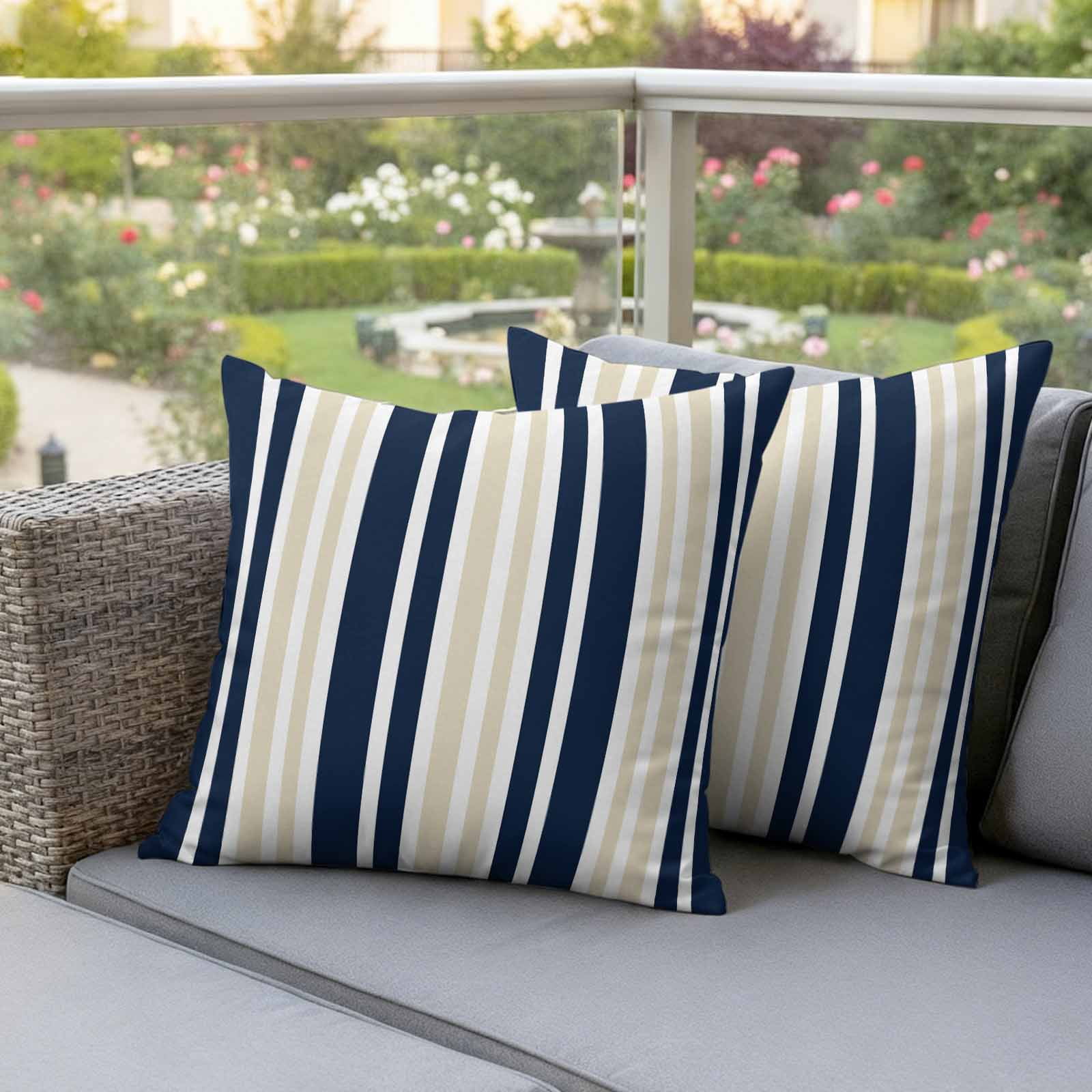 Navy Blue Khaki Striped Outdoor Waterproof Pillow Covers, Modern Minimalist Ombre Lines Decorative Square Throw Pillowcase Sofa Cushion Sham for Patio/Couch/Chair, 20"x20" 2 Pack