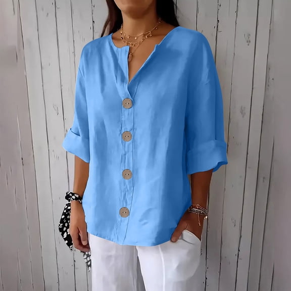 Fznquz Blue Women Shirts Button Down Linen 3/4 Sleeve T Shirts Solid Color V Neck Plain Loose Blouse,L