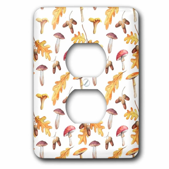 3dRose, Charming pattern of oak leaves, acorns, mushrooms on white, 2 plug outlet cover