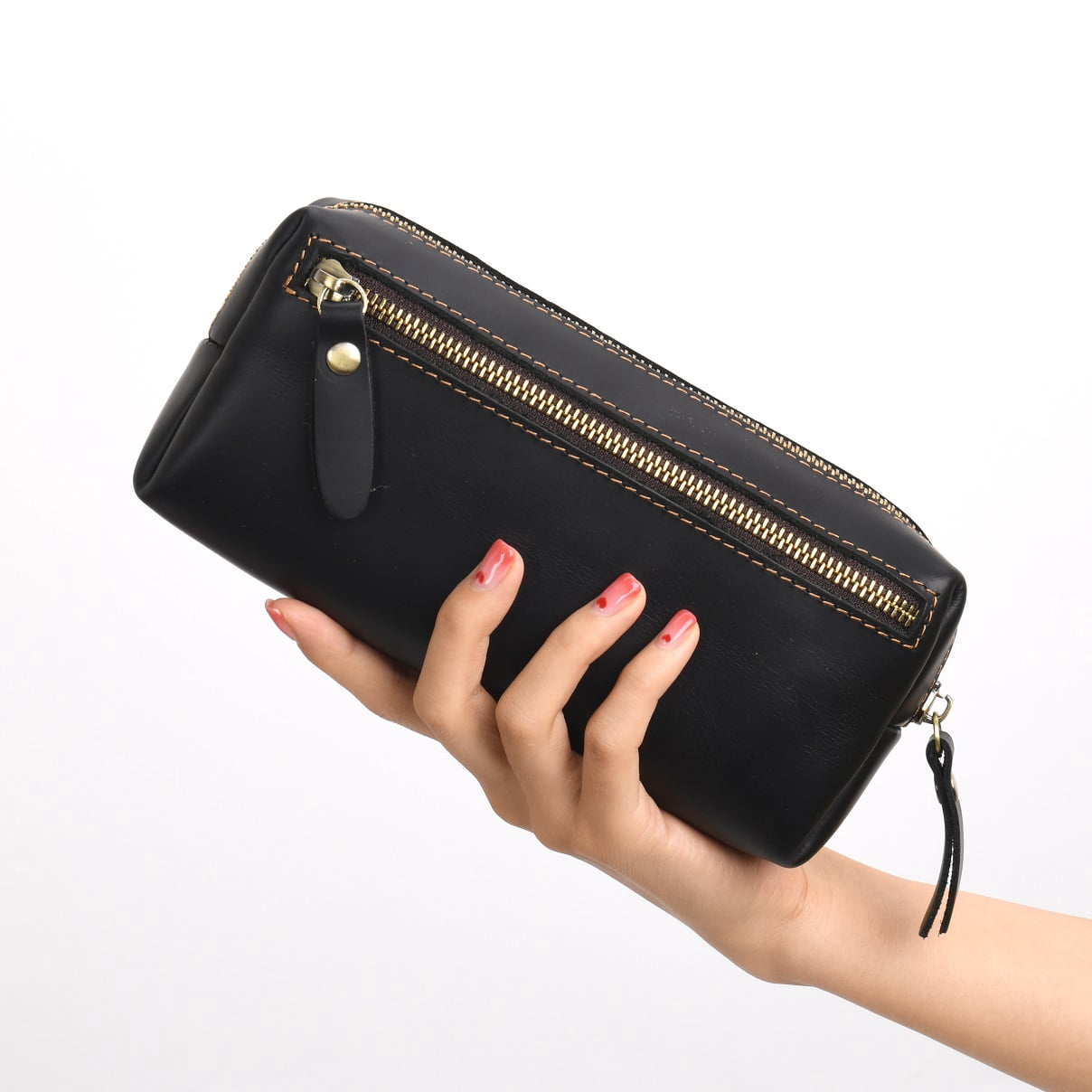 WONDERPOOL Pen Case Real Leather Pencil Pouch Markers Holder Big Capacity Bag with Side Zippered Pocket Sleeve for Stationery Makeup Utensils Organizer (Black)