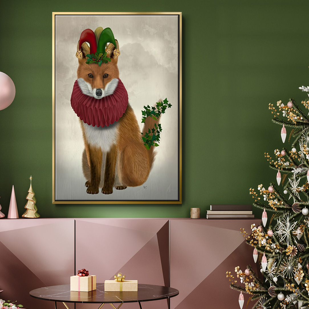 Christmas Holly and Ivy Fox - Framed Gallery Wrapped Holiday Canvas - 17 x 25 - Gold Frame