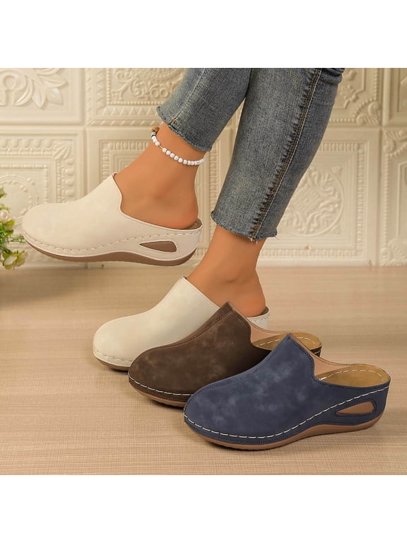 Women's Wide Width Closed Toe Wedge Mules, Casual Slip-On Backless Clogs with Cutout Detail, Comfortable Summer Heels for Daily & Vacation Wear, Multi-Color