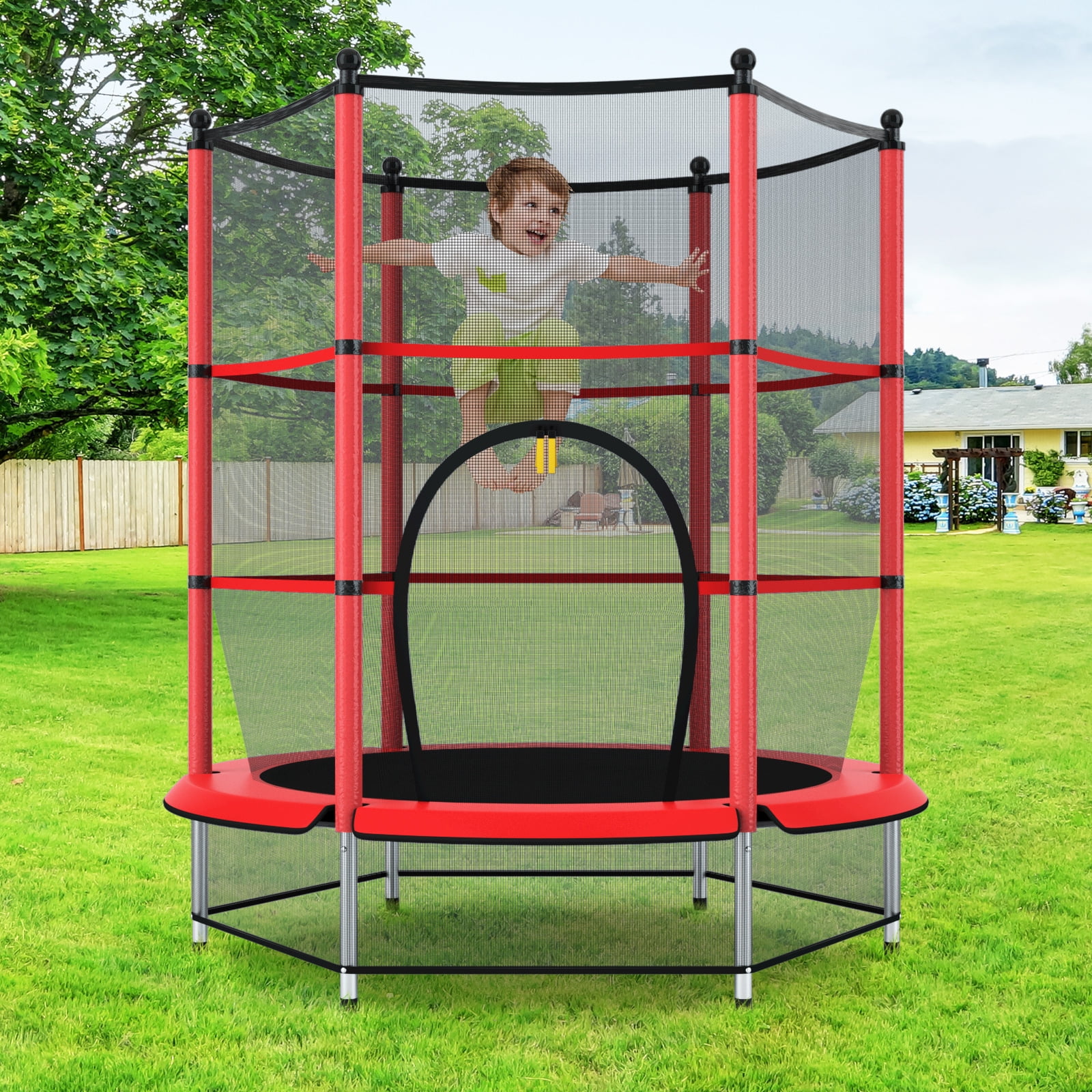 Topbuy Kids Round Jumping Trampoline Combo Bed Trampoline W/ Safety Enclosure Net Red