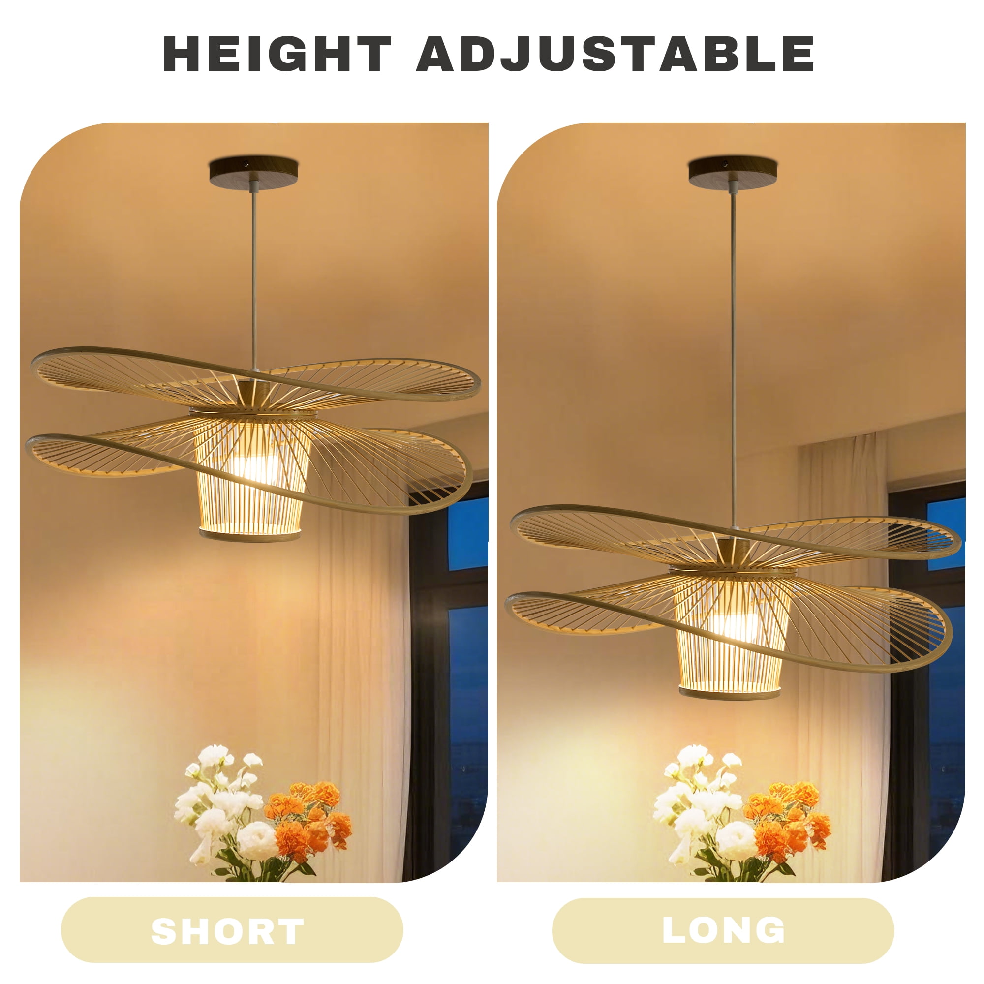 Booniture Boho Bamboo Pendant Light Fixture, Modern Natural Handmade 1-Light Black Hanging Lamp, Farmhouse Lighting for Bedroom Living Room Dining Room