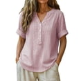 thumbnail image 2 of Junur Linen Shirts for Women V Neck Short Sleeve Cotton Tops Striped Linen Button Down Casual Dressy Shirt for Summer 2026, 2 of 8