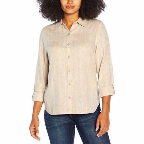 Orvis Women's Long Sleeve Linen Blend Top Size: 2XL, Color: Taupe Stripe