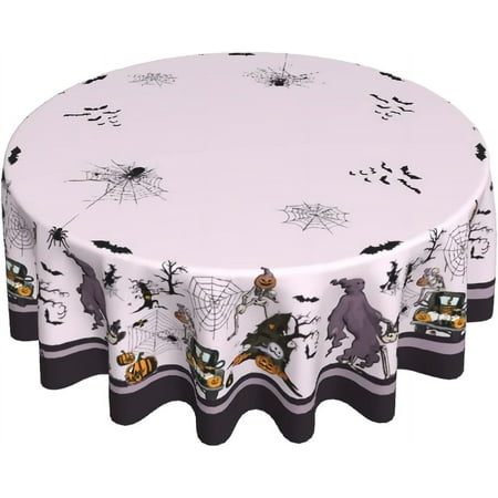 

Halloween Decorative Round Tablecloth 60 Inch Skull Spider Web Castle Bat Purple Table Cloth Polyester Fabric Halloween Party Ghost Pumpkin Table Cover for Home Kitchen Outdoor