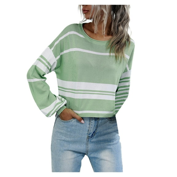 JINMGG 2024 Fall Winter Plus Size Sweaters for Women Clearance,Women's Vintage Knit Short-cut Pullover with Stripe Round Neck Sweater