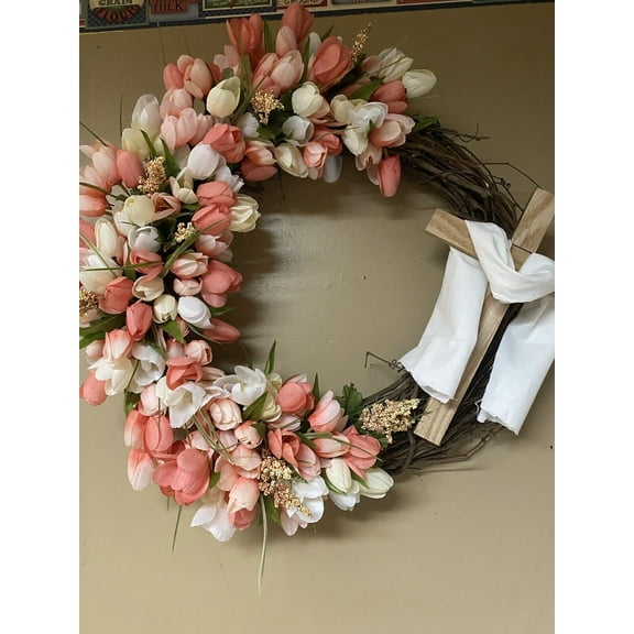 Handmade Easter tulip Wreath Door Floral Cross church Sunday decoration