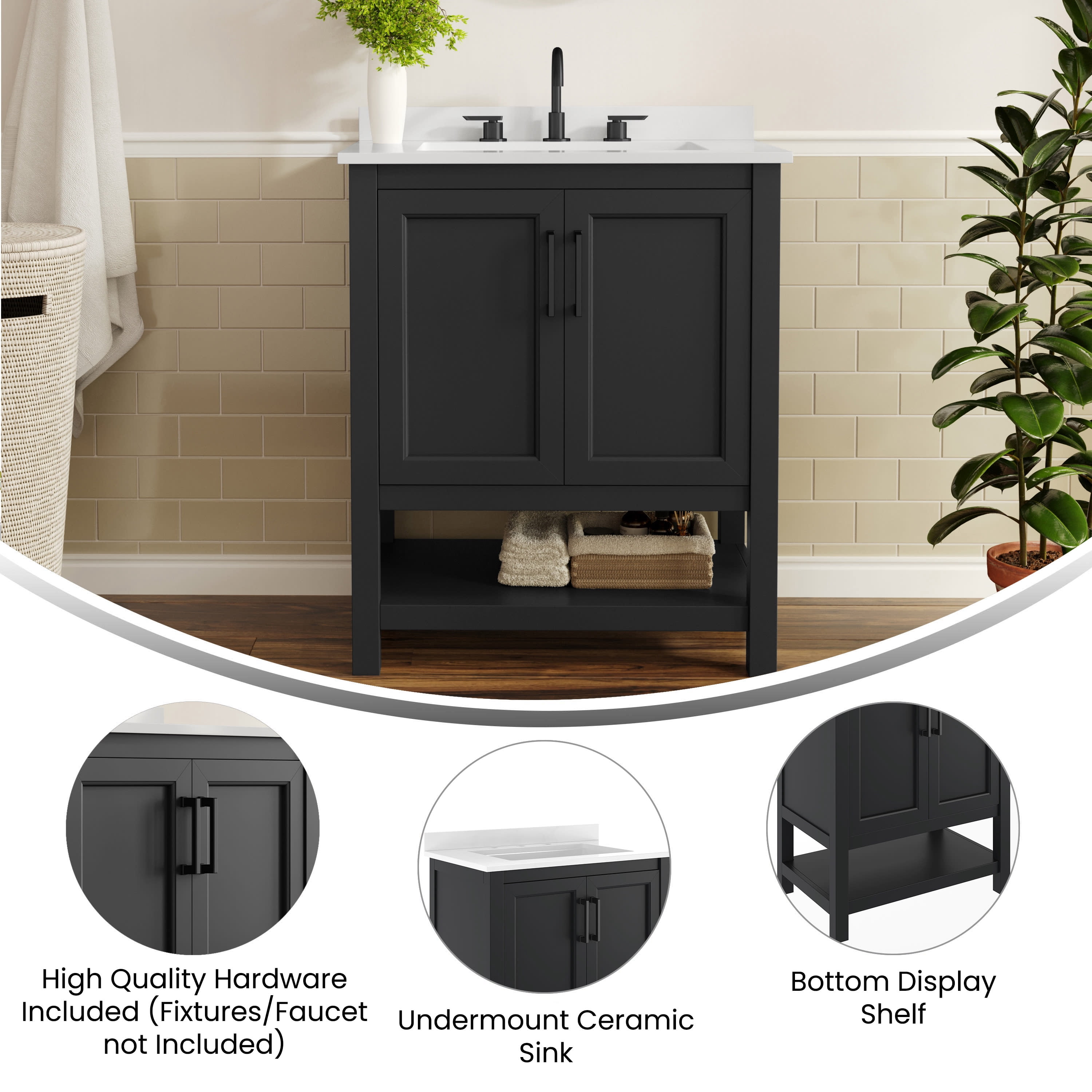Merrick Lane 30 Inch Bathroom Vanity with Ceramic Sink, Carrara Marble Finish Countertop, Storage Cabinet with Soft Close Doors and Open Shelf in Black/Black