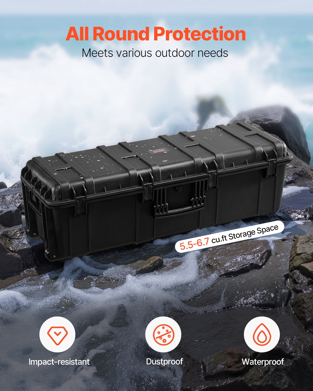 VEVOR Weatherproof Hard Case, Heavy Duty Protective Dry Box Case with Pre-Cut Foam & Retractable Pull Handles for Travel, Hunt, Military, Tactical, IP67 Waterproof Case for Cameras(112x41x34)
