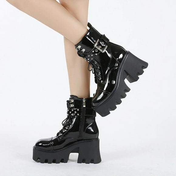 HKEJIAOI Platform Boots New Autumn and Winter Patent Leather Thick-soled Large Size Platform Buckle Ankle Boots