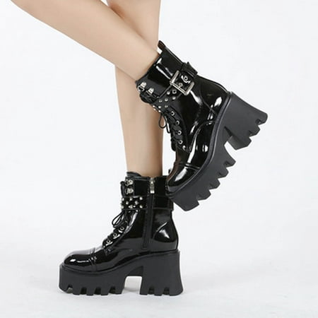 

New Autumn And Winter Patent Leather Thick-soled Large Size Platform Buckle Ankle Boots
