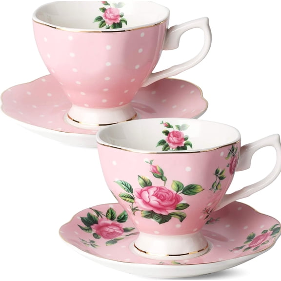 Btat with Floral Tea Cups and Saucers and 8 Oz, Pink