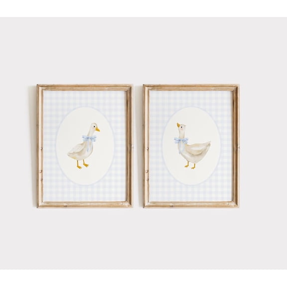 UNFFRAMED Luvia Set of 2 Goose Nursery Print Posters, Vintage Duck and Gingham Nursery Art for Baby Boy Wall Decor Set 2 Prints 8x12