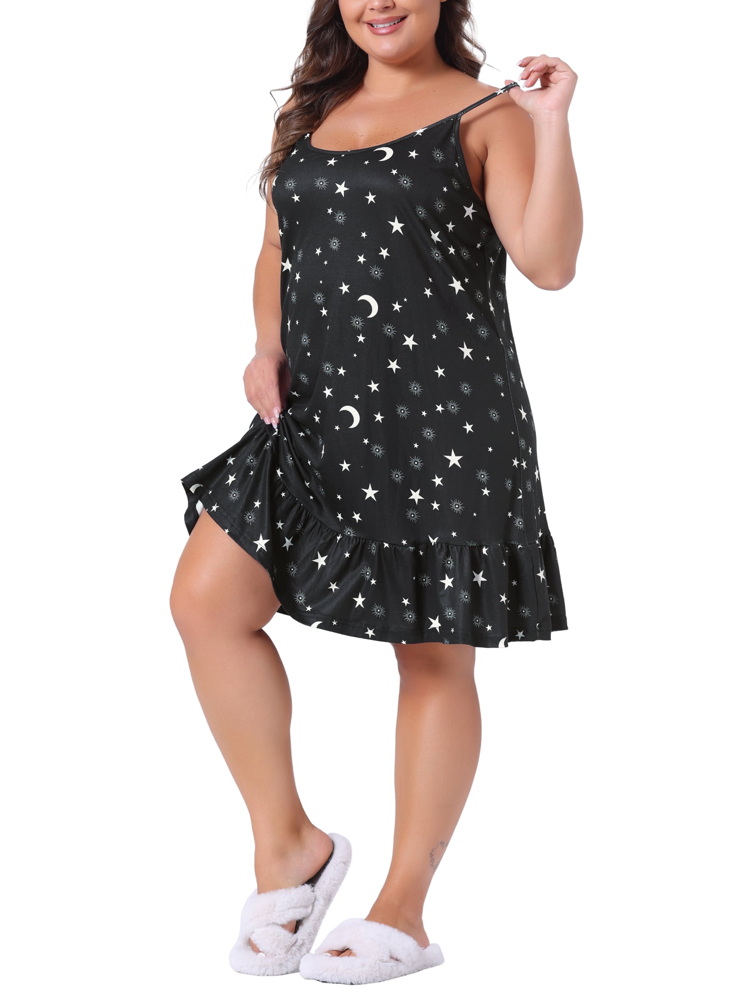 Agnes Orinda Women's Plus Size Nightgown Chemise Sleepwear Spaghetti Strap Nightwear Soft Lingerie 3X Black