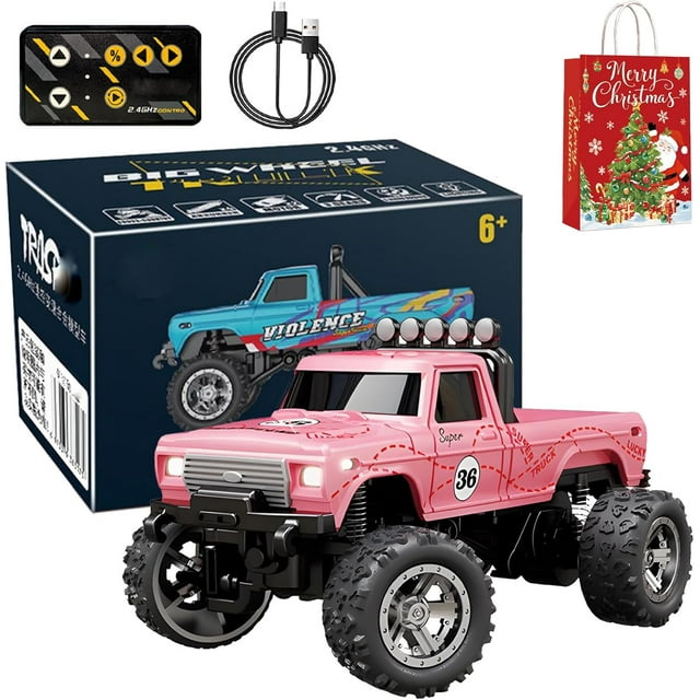 Mini Camion Tout-Terrain avec Lumières, 1:64 Mini Camion Monstre Rc, Télécommande 2.4ghz, 3 Vitesses Réglables, Camions Rc en Alliage Rechargeables USB, Idées Cadeaux de Noël Anniversaire Cool (Rose-B)