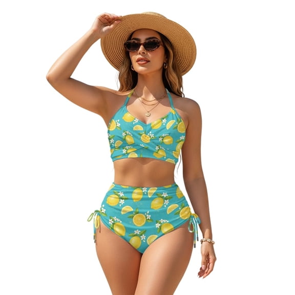 DISNIMO Lemon Flower Print Women's Bikini Sets Two Piece High Waisted Bathing Suit Tummy Control Swimsuits V Neck Twist Front Bikini Set Summer Beach Swimwear, M