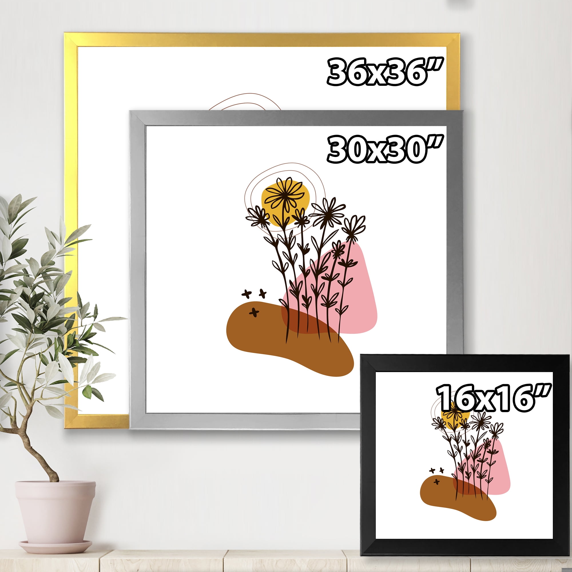 Designart 'Abstract Flowers Plants With Elementary Shapes I' Modern Framed Art Print
