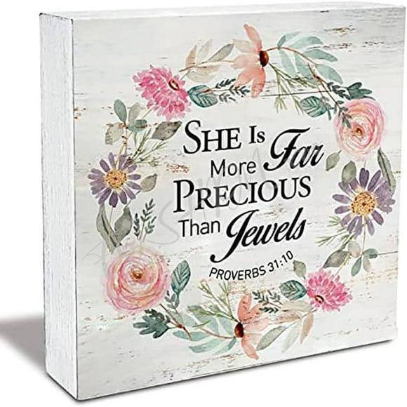 Wood Box Sign Bible Verse She Is Far More Precious Than Jewels Wood Box Sign Rustic Scripture Wooden Box Sign Christian Home Office Desk Shelf Decor 5x5 Inch