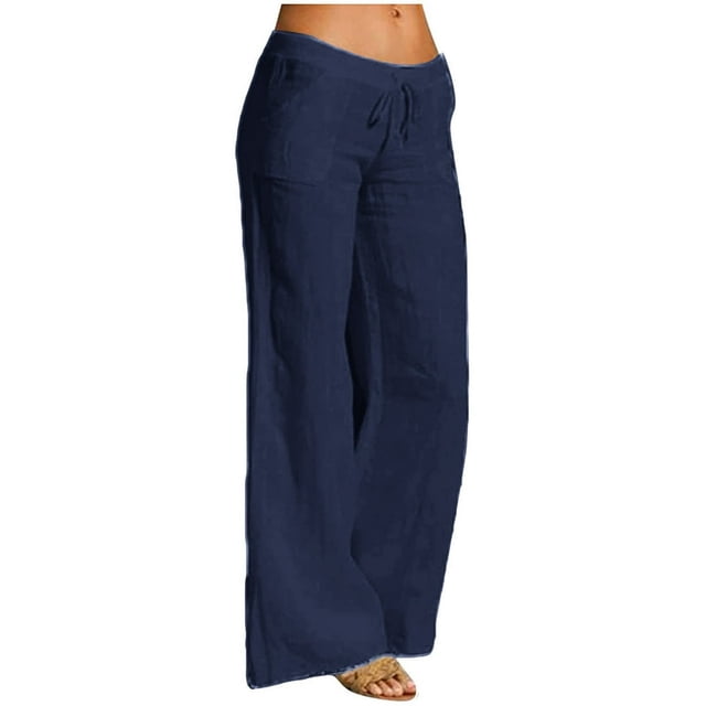 LNGOOR Wide Leg Linen Pants For Women Summer Drawstring Elastic Waist Loose Cotton Linen Palazzo Pants With Pockets Lightweight Summer Casual Pants Flared Trousers