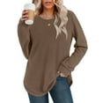 thumbnail image 5 of Waffle Knit Tops for Women Long Sleeve Loose Curved Hem Lightweight Sweatshirts Crewneck Solid Casual Fall Clothes (2XL, Brown), 5 of 7