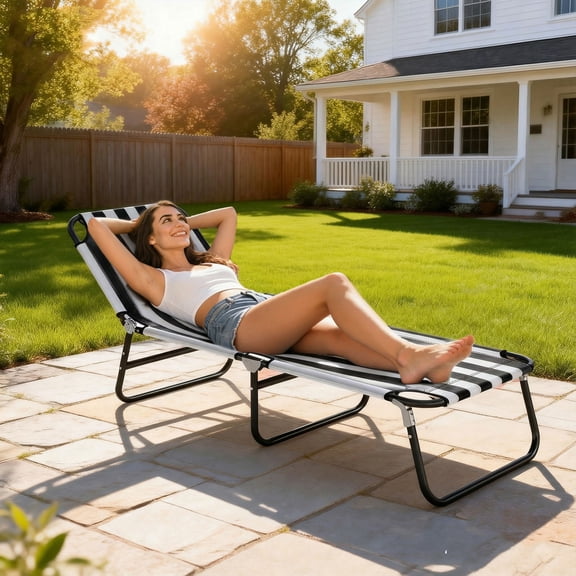 Outsunny Foldable Outdoor Chaise Lounge Chair, 5-Level Reclining Camping Tanning Chair with Strong Oxford Fabric for Beach, Yard, Black and White