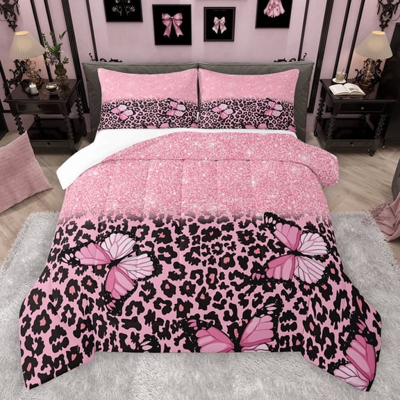 jejeloiu Cartoon Cheetah Pattern Bedding Comforter Set,Chic Glitter Print Twin Comforter Sets,Pink Leopard Print Bedding Set For Girls Teens,Breathable Home Decor,2pcs