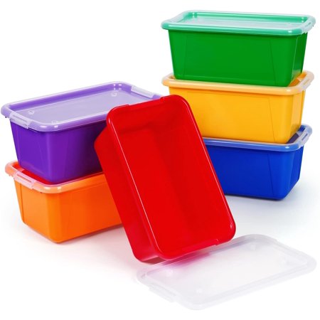 Colored Plastic Storage Bins with Lids, Stackable Containers,Toy Storage Organizer - 5 Qt 12 Pack-Small Tubs,Tote Box for Classroom, Kids, Sorting (12×7.2×5.1 in)