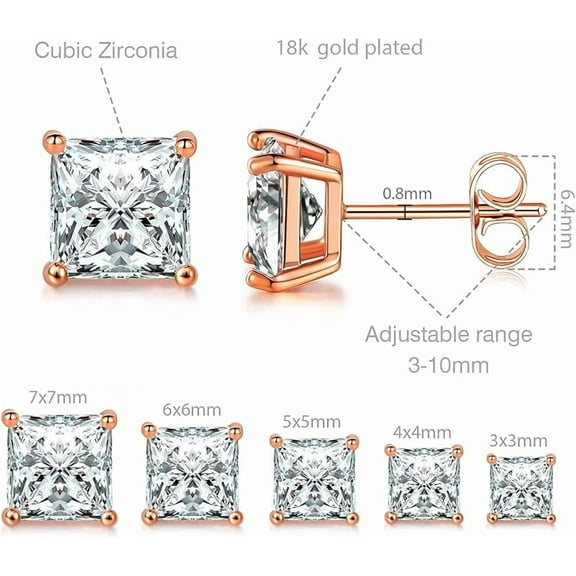 18K White Gold/Yellow Gold/Rose Gold Plated Princess Cut Square Clear Cubic Zirconia Stud Earring Pack of 5 Pairs