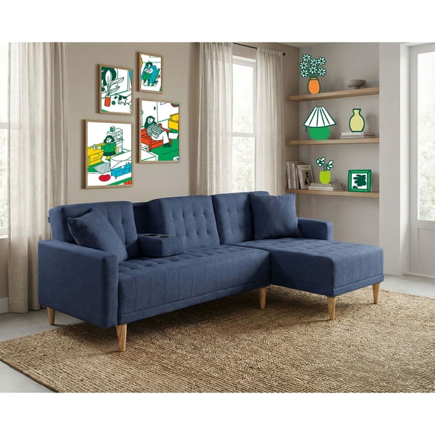 Sala Modular Reversible Makora Kendall Con Memory Foam, Color Azul, Lino Respaldo Reclinable De 3 posiciones.