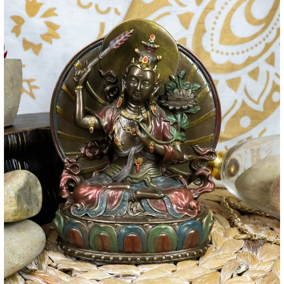 Ebros Bronze Patina Buddha Manjushri Sitting On Lotus Throne Statue 6.25" Tall