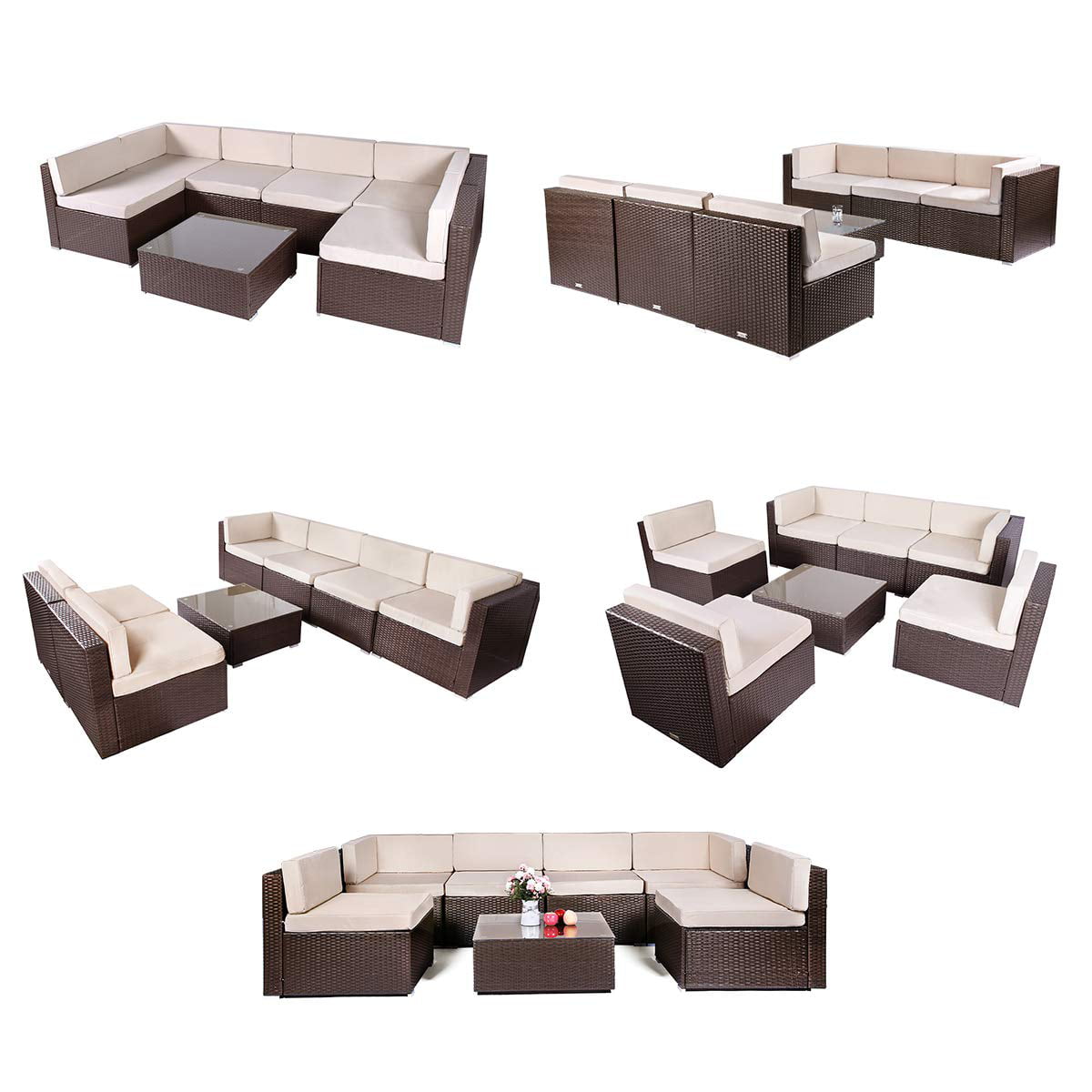 U-MAX 7 Piece Patio PE Rattan Wicker Sofa Set Outdoor Sectional Furniture Chair Set with Cushions and Tea Table Brown 