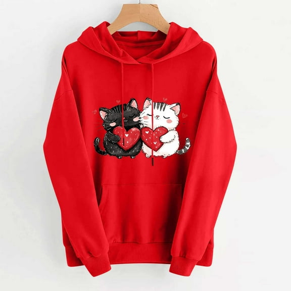 PNTUTB Women's Fashion Valentine's Day Print Hoodie Pullover Long Sleeved Hooded Drawstring Comfort Loose Sweatshirt with Pocket