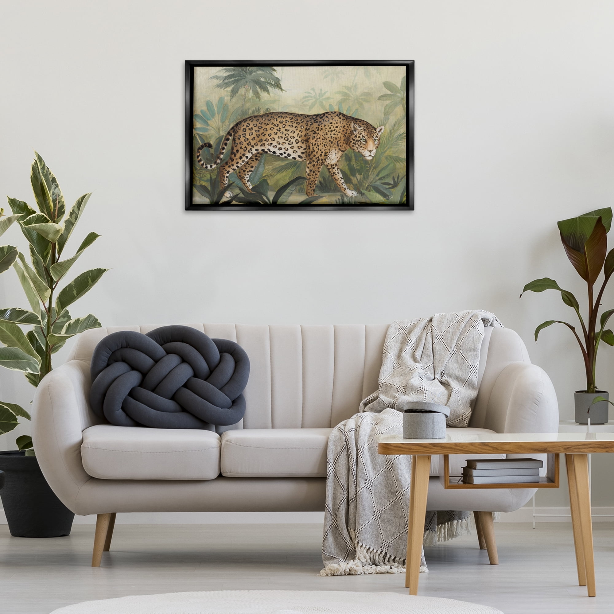Stupell Industries Prowling Leopard in Forest Landscape Painting Black Floater Framed Canvas Art Print Wall Art, 31 x 21