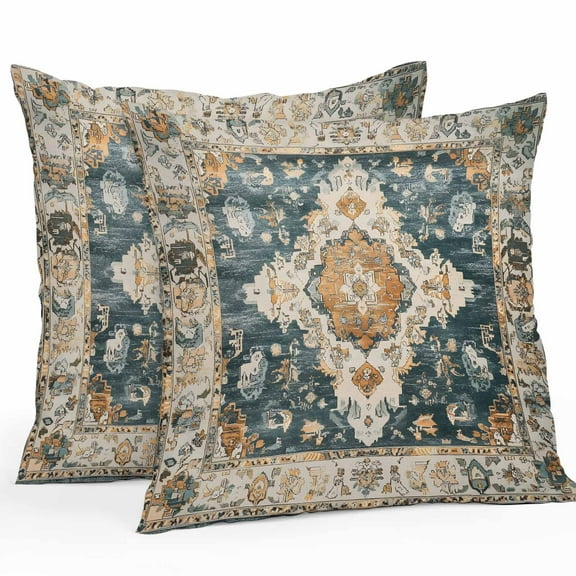 Waterproof Throw Pillow Covers Set of 2, 18x18 Inch Green Orange Boho Decorative Pillowcases Outdoor Pillow Slip Cushion Covers Set for Couch Tent Ethnic Vintage Southwestern Geometric