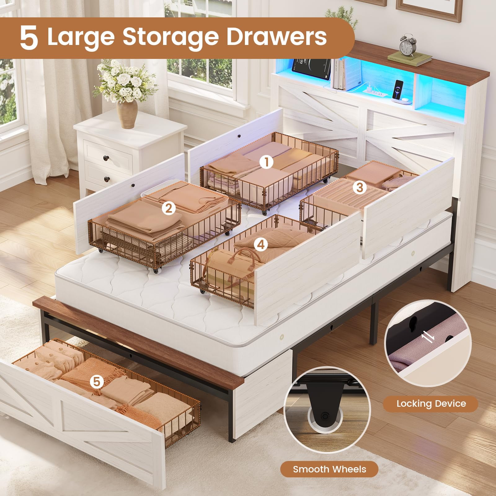 Twin Bed Frames with 5 Drawers, Farmhouse Bed Frame with Barn Door Headboard and Storage, Wood Platform Bed Frame Twin Size with Charging Station and LED Lights, No Box Spring Needed, White