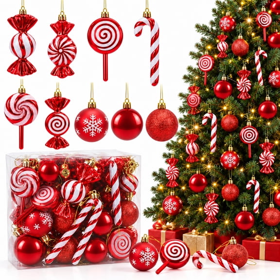 Christmas Candy Ornament Set Plastic Peppermint Candy Cane Christmas Decorations Christmas Candy Lollipop Ornament Xmas Hanging Decorations with Rope 36 Pcs